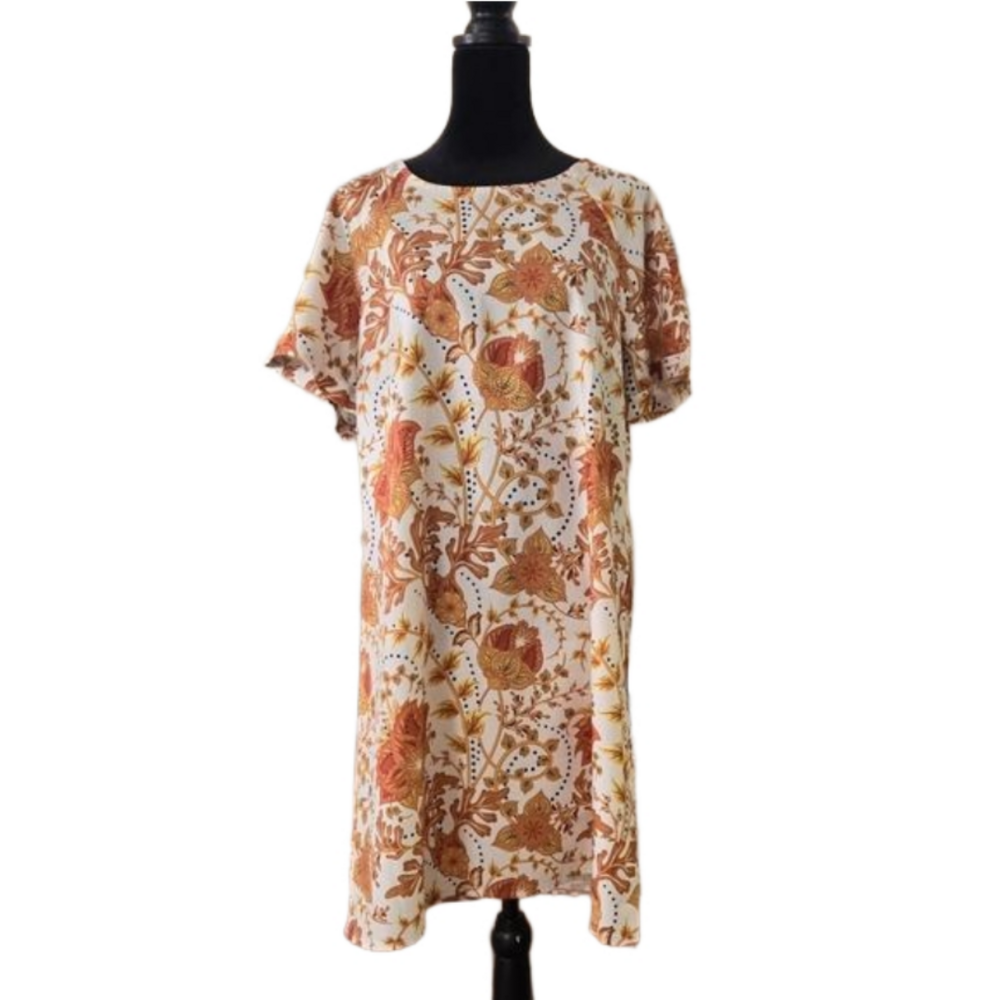 Short Sleeve Orannge and White Bohemian Print Mini Dress Size Medium